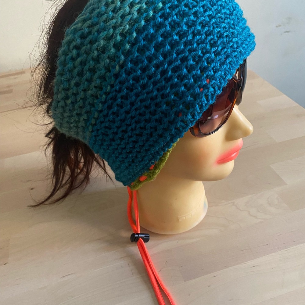 Convertible Blue and Green Knit Hat- scarf.